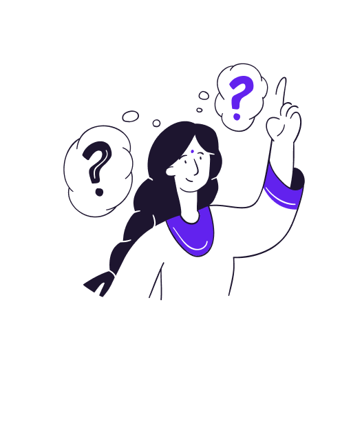 Woman with a raised hand and question marks