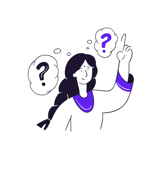 Woman with a raised hand and question marks